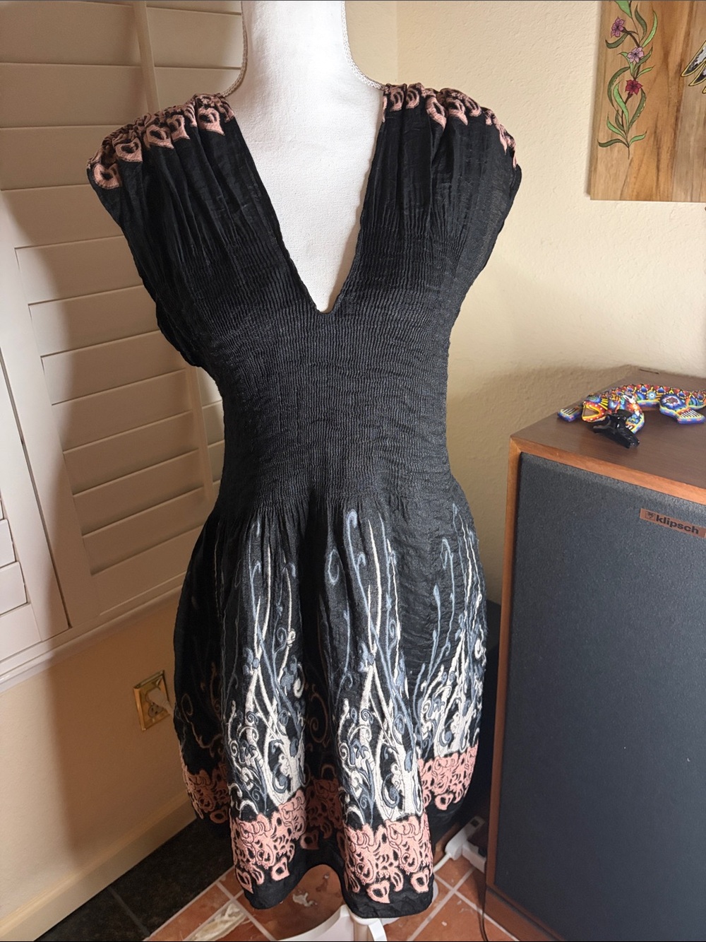 🖤👗Max Edition Black, Tan & Beige Print Mini Dress W/Elasticized Mid Section Sz L